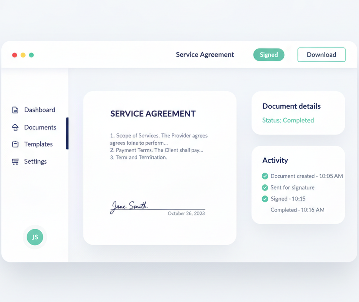 iPCN eSign document signing interface, showing a signed service agreement with a full audit trail